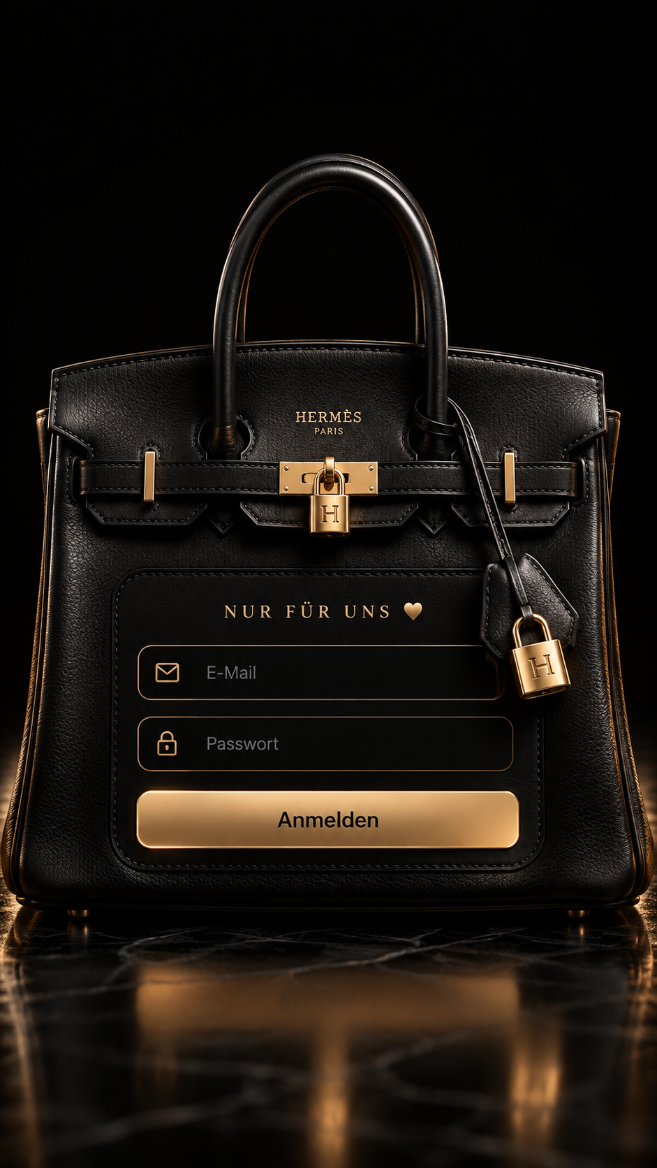 Schwarze Luxustasche mit goldenem Login